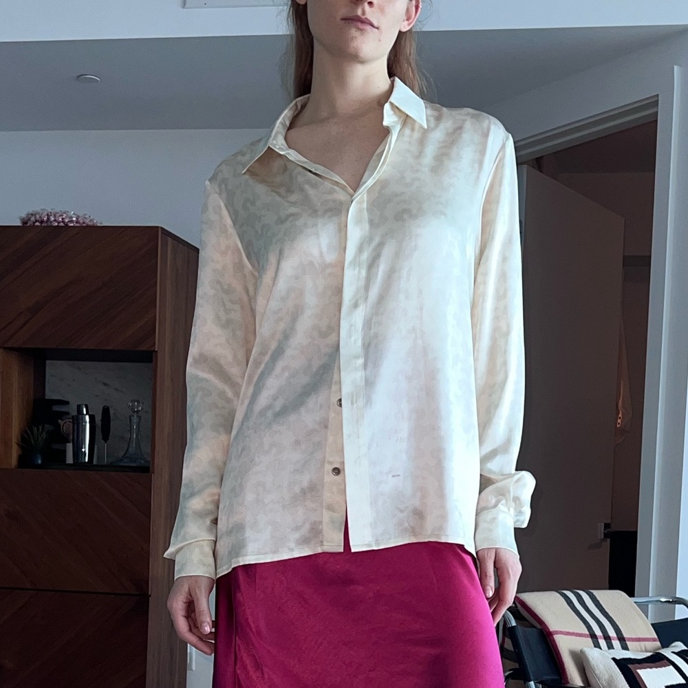 Printed silky white button down